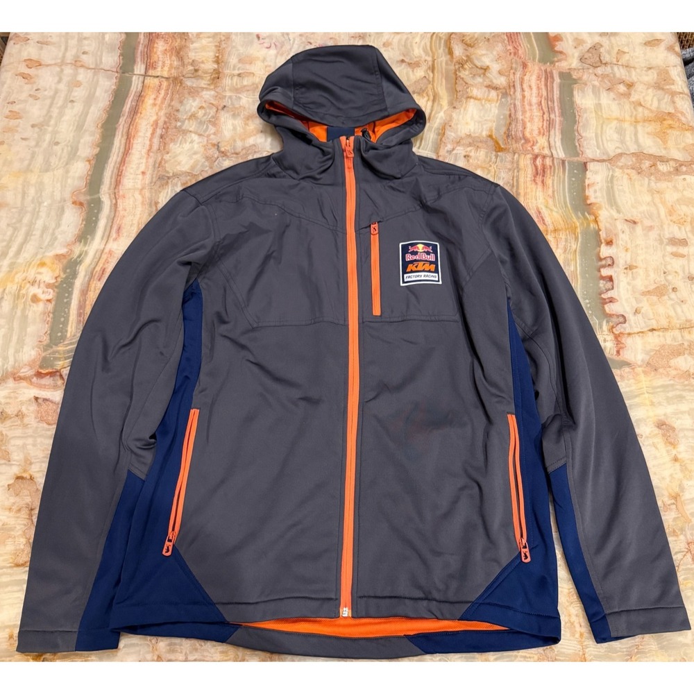 Red‎ Bull KTM Mens Hooded Jacket Gray Navy Blue Factory Racing Softshell Size S